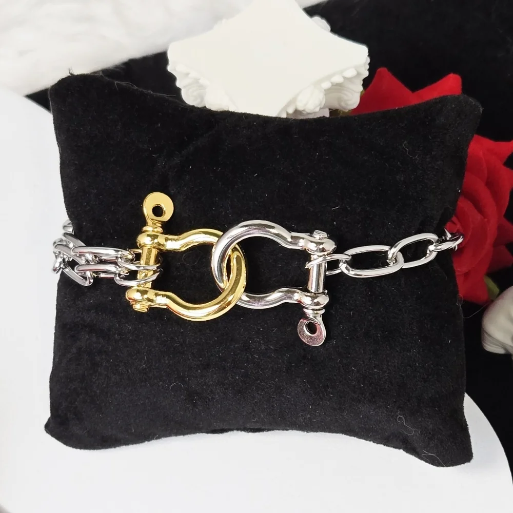 Two-Tone Chunky Paperclip Link Bracelet Silver Gold Horseshoe Shackle Carabiner
